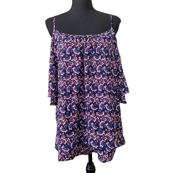 Soulmates Womens 1X Off-Shoulder Top With Spaghetti Straps Blue/Red Floral Print - Picture 2 of 8